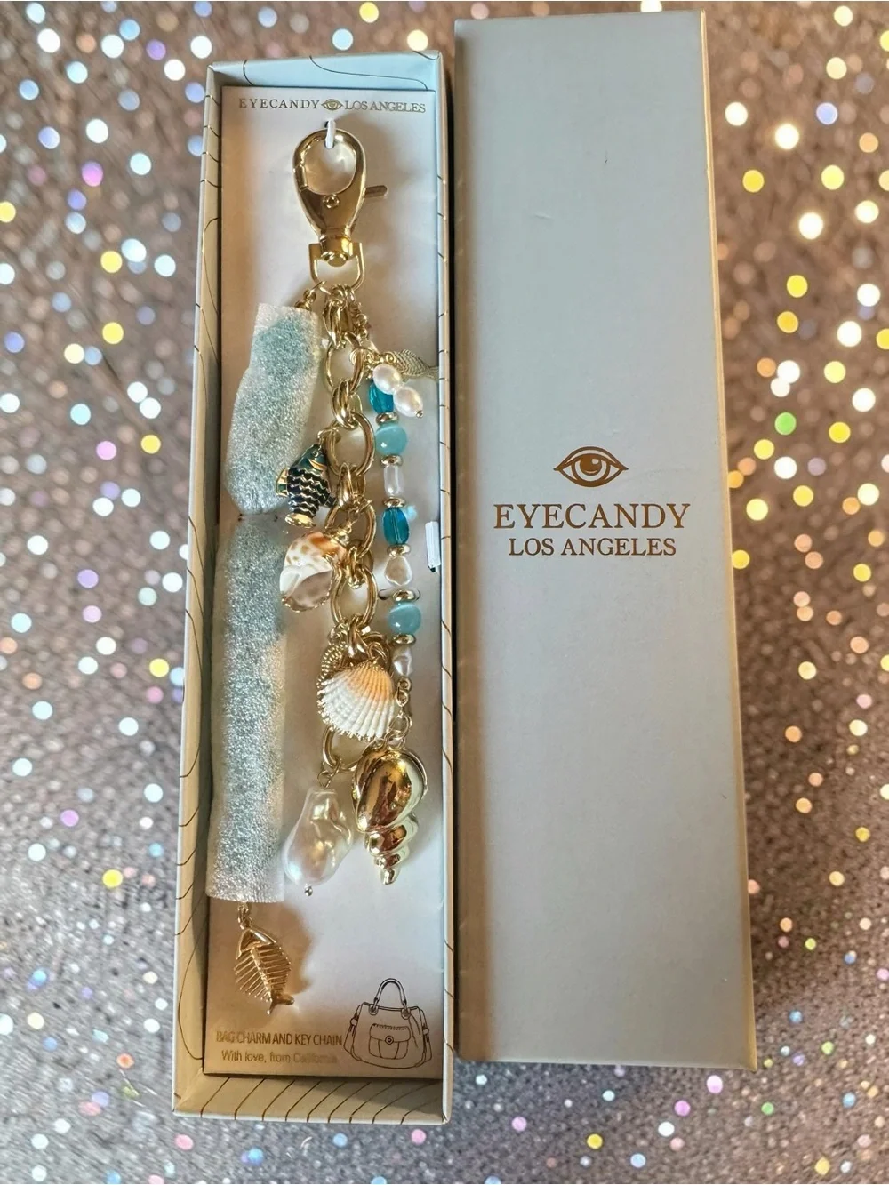 eye candy Gold & Light Blue Pearl Shell Keychain Charm